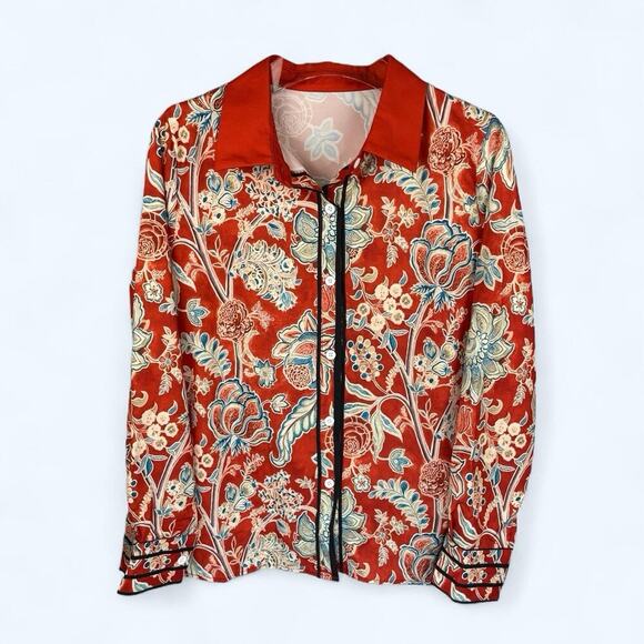 CherryBetty Tops - CherryBetty Vintage Floral Print Collared Blouse Red Long Sleeve Medium